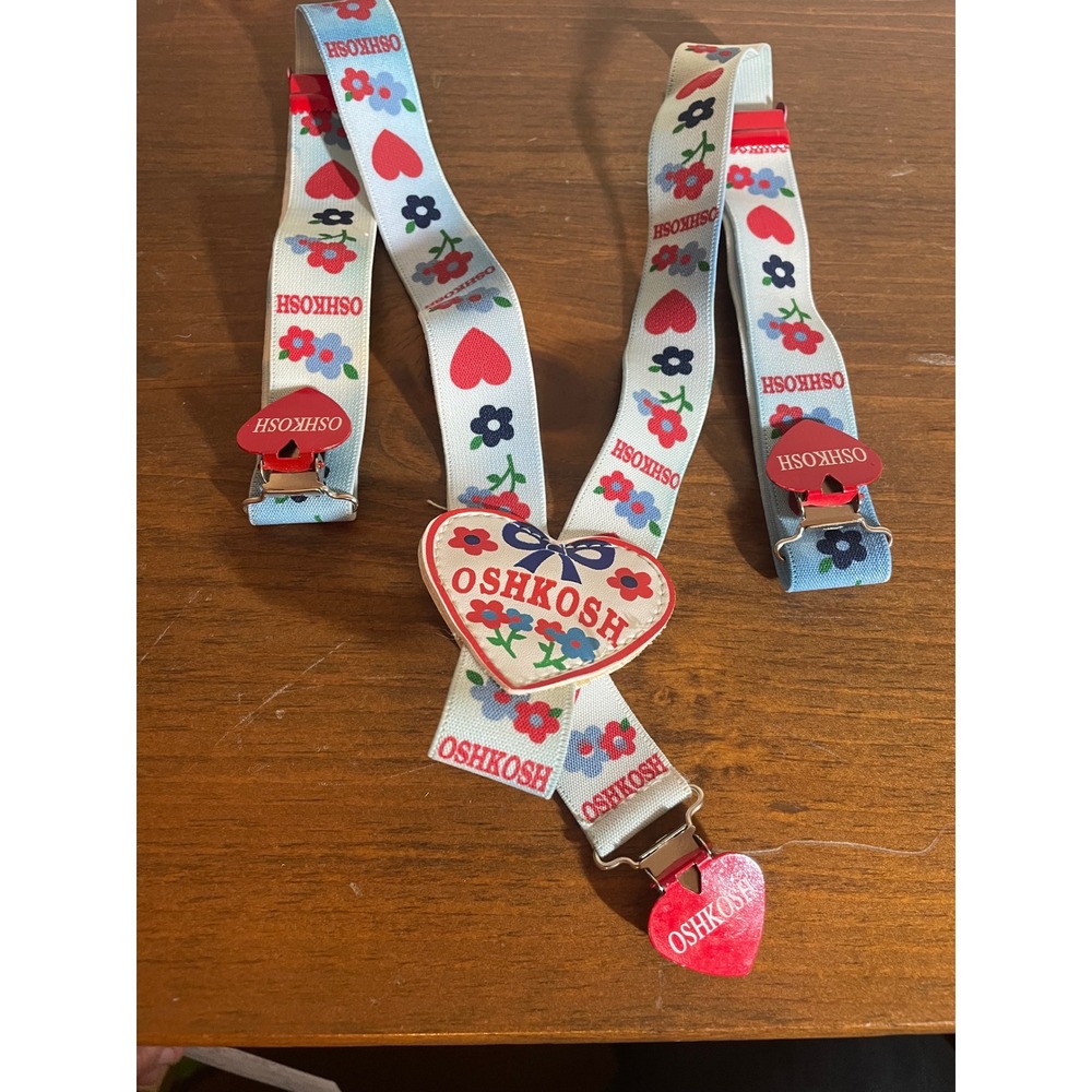 Vintage OshKosh Bgosh Kids Suspenders Heart Floral Blue Red Y-Back Adjustable